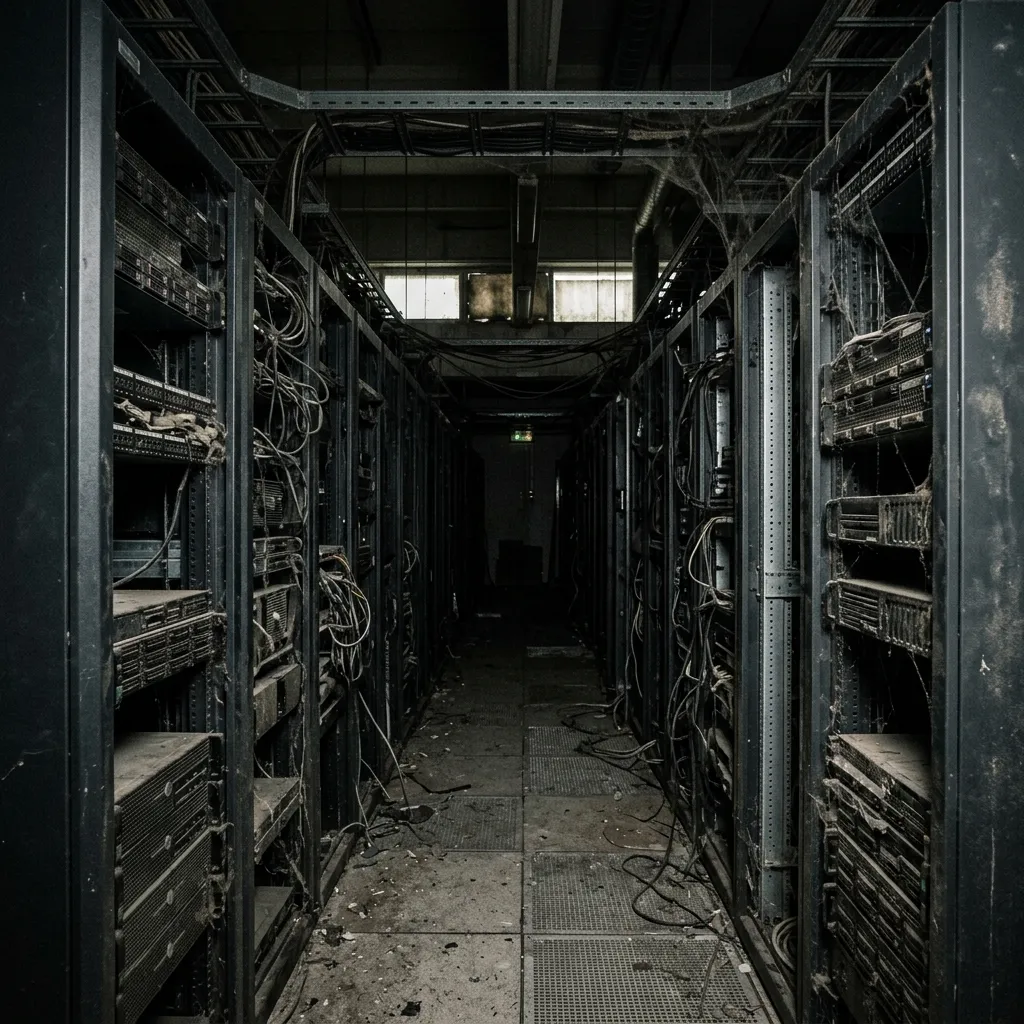 A dark, abandoned server room in a large commercial data center, completely powered down and silent
