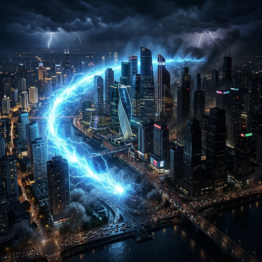 A massive wave of blue electromagnetic energy wiping out a modern city skyline at night, instantly plunging it into darkness