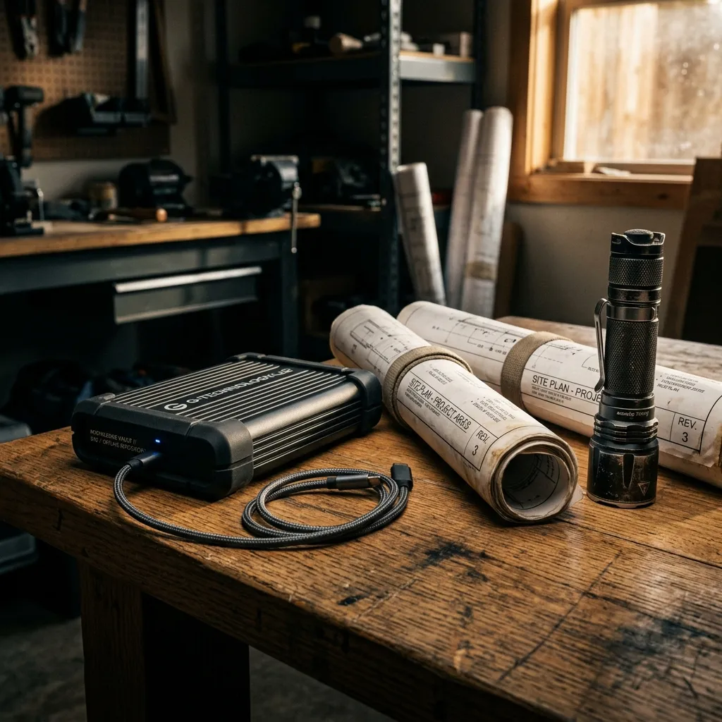 A rugged, heavy-duty external hard drive sitting on a sturdy wooden desk next to rolled up architectural blueprints and a heavy tactical flashlight
